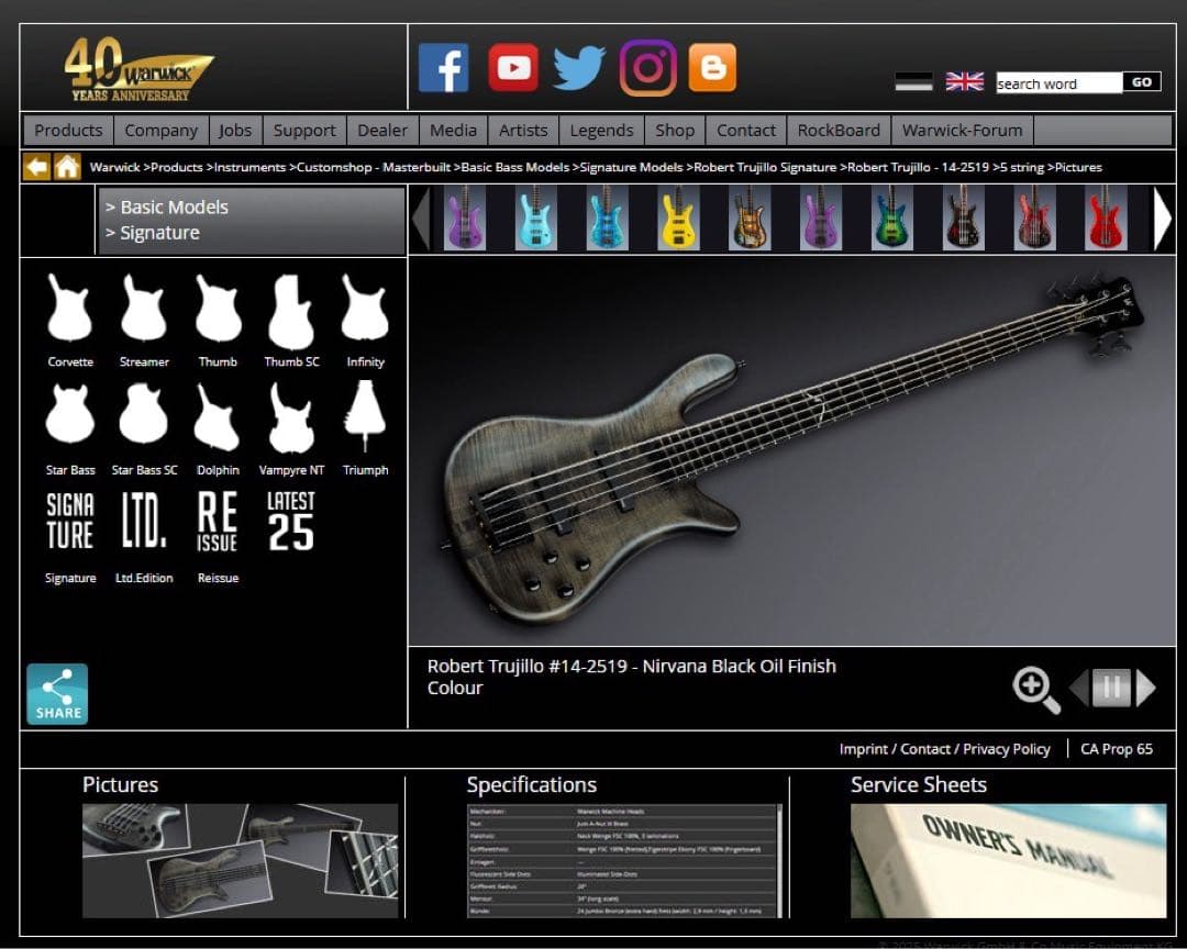 ベース Warwick Custom Shop Robert Trujillo Sig