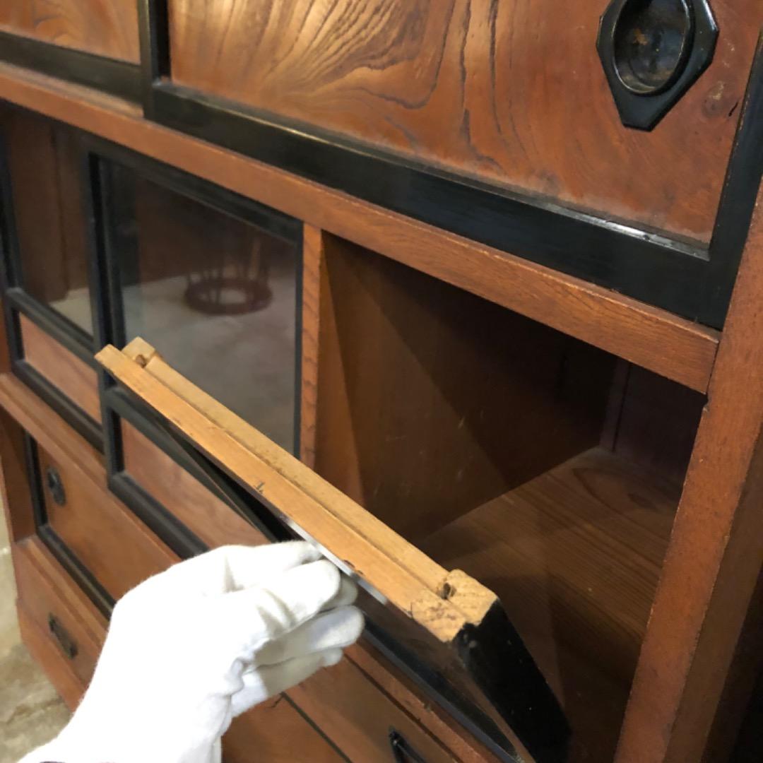 昭和アンティーク　茶棚　飾り棚　木製引き出し　ガラス戸付き　収納棚　茶箪笥　棚