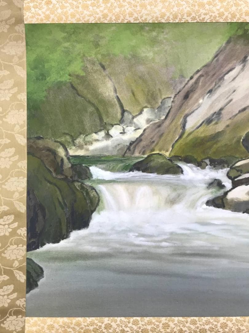 真作/水島裕/清流図/山水図/渓流図/横物/岩絵具/名家伝来AE-282