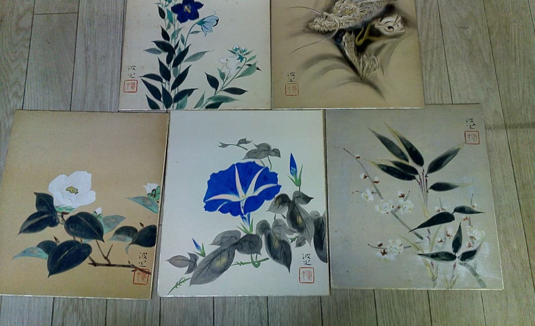 色紙絵５枚セット　骨董　美術品　絵　日本画　筆画　色紙絵　日本美術　絵画