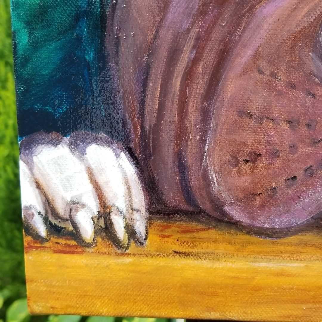 油絵　専用　窓からパパを見送る犬