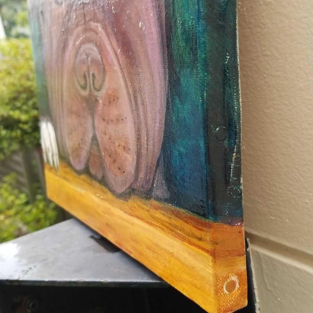 油絵　専用　窓からパパを見送る犬