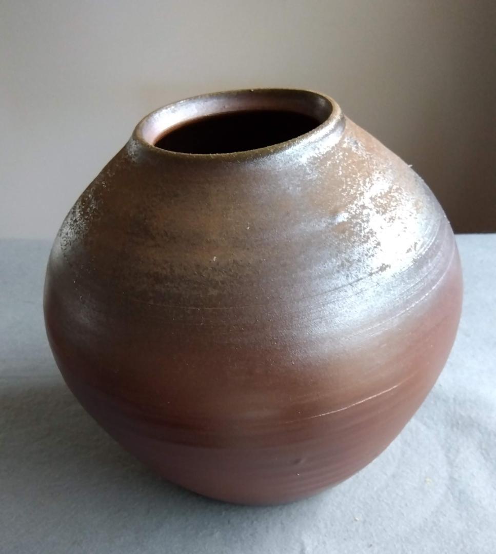 備前焼名工　幸崎達彦　落雁窯　還元焼成自然灰釉美逸品丸壺花器