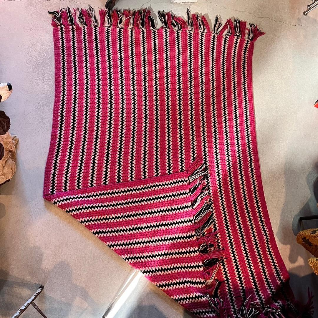 【USA vintage】グラニーブランケット　ピンク×黒　ストライプ