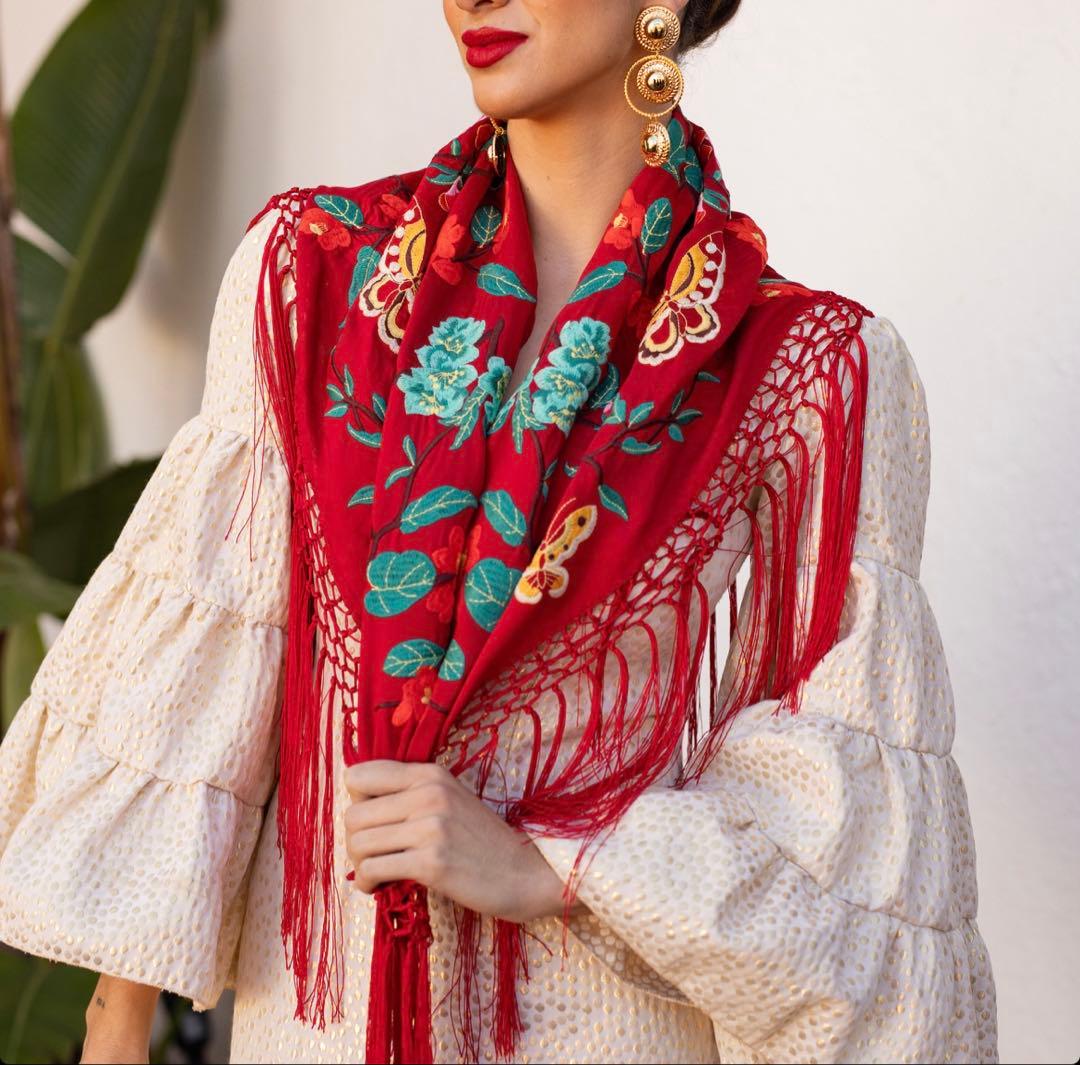 フラメンコ　刺繍シージョ レッドxマルチカラーお花＆蝶々刺繍　レッドフレコ
