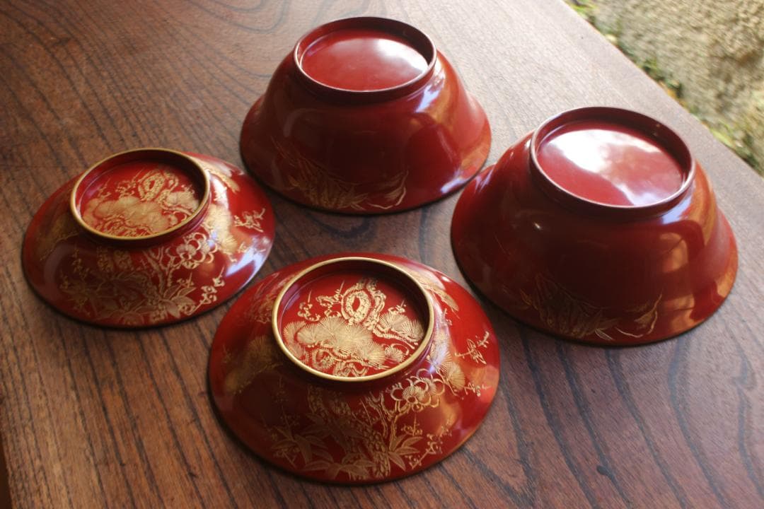 デッドストック！時代金縁朱漆に極上松竹梅沈金の映える大椀2点（検輪島塗雑煮椀