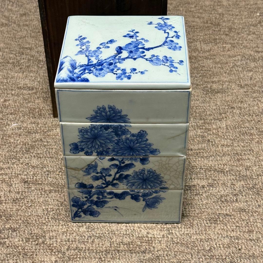 江戸期 亀山焼 染付 重箱 箱付