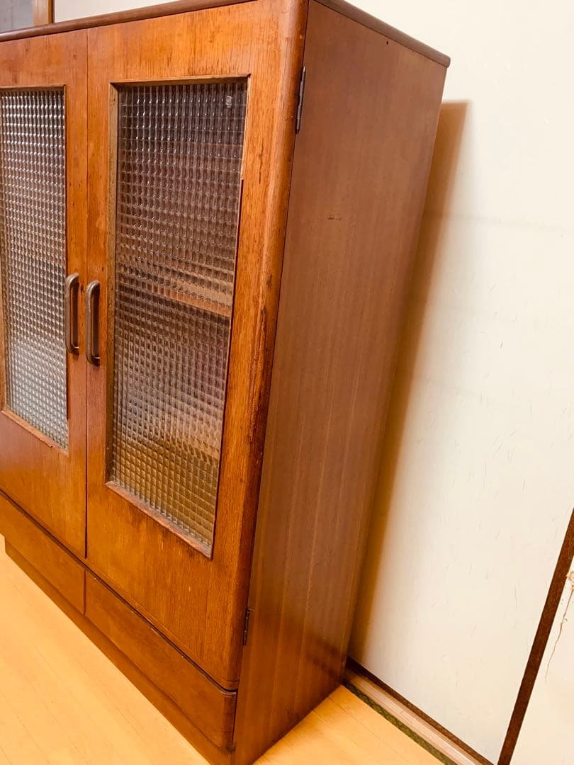 昭和 レトロ アンティーク チェッカーガラス キャビネット 本棚