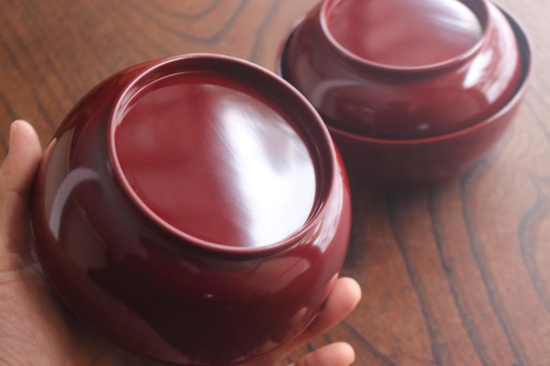 デッドストック！極上紅溜に優美な桐花蒔絵の映えるお椀2点（検輪島塗京塗煮物椀