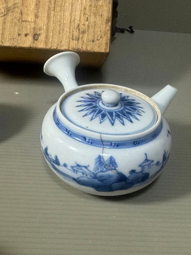 2340九谷焼　青九谷青花　染付山水　茶器セット　宝瓶1客　湯冷し1客　湯呑5客
