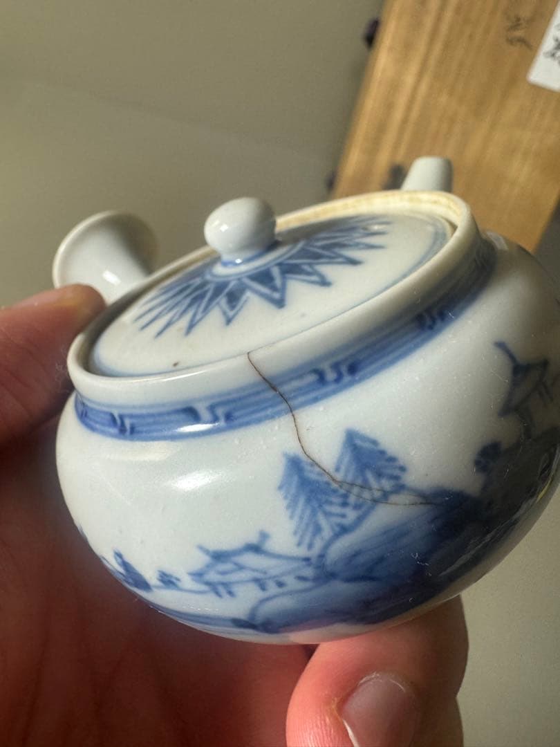 2340九谷焼　青九谷青花　染付山水　茶器セット　宝瓶1客　湯冷し1客　湯呑5客