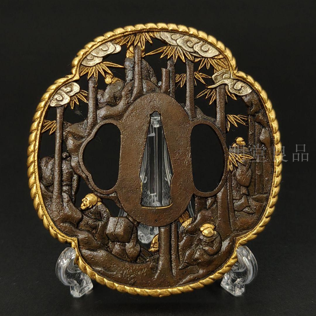 日本刀装具　鍔　竹林七賢者の図　 銅地　金工品　絵金銀　刀の鍔　刀剣美術　刀鐔