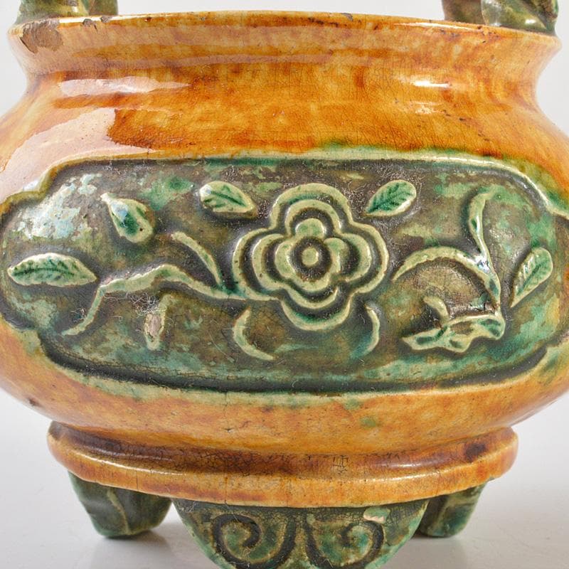中国　三彩　花文　沖耳爐　三足香炉　時代箱　V　R7159