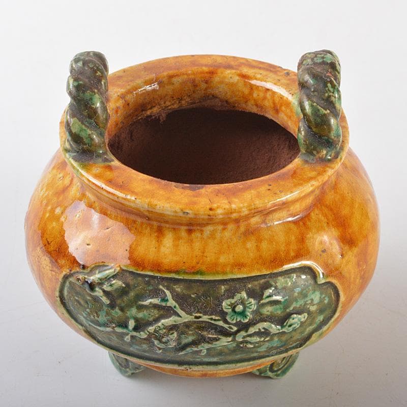 中国　三彩　花文　沖耳爐　三足香炉　時代箱　V　R7159