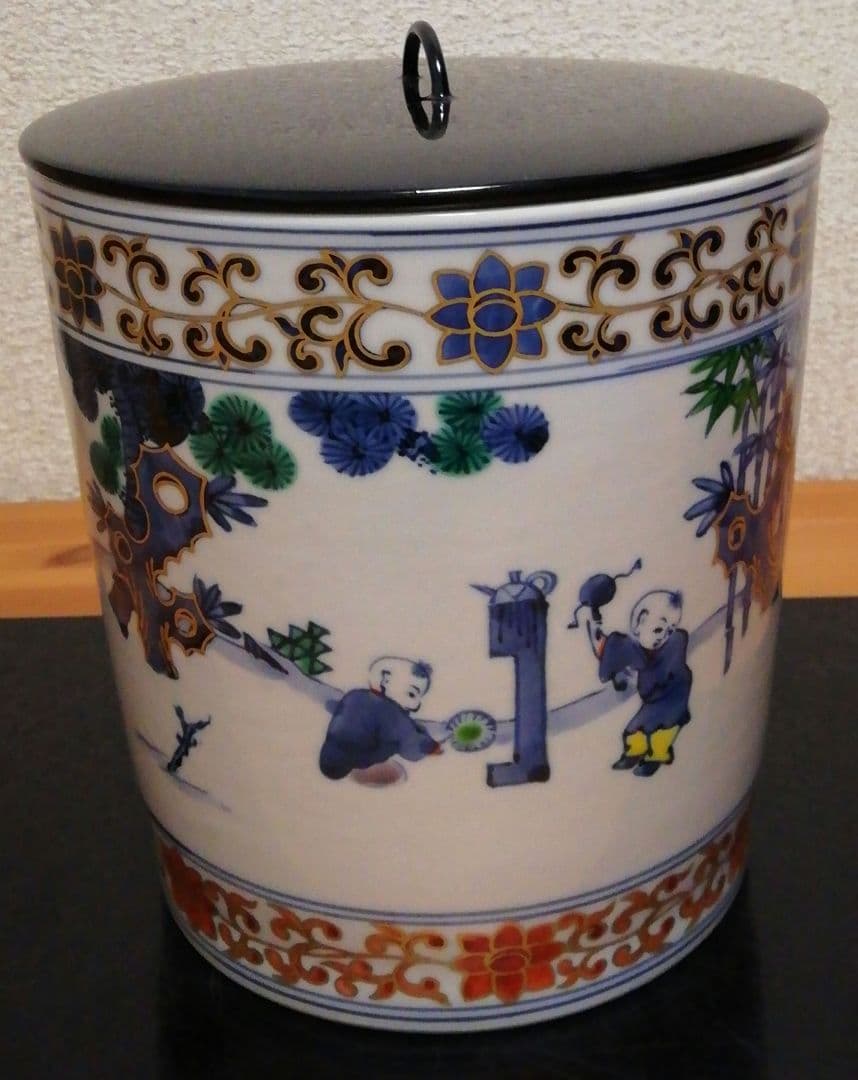 膳所焼　陽炎園　染付　五彩　唐子遊　水指　共箱　共布　茶道具