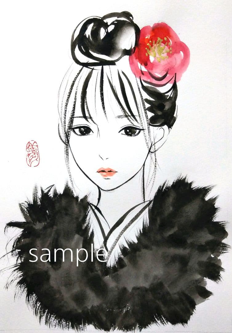 専用　絵画　手描きイラスト　ドローイング　水彩画　美人画　和装