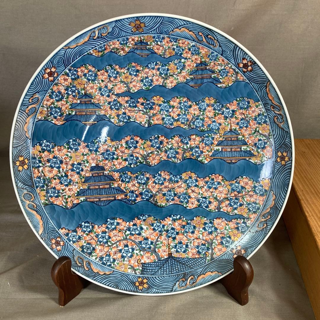 【源右衛門】古伊万里の伝統　日本名窯　舘林源右衛門作　染錦古伊万里楼閣桜図　飾皿