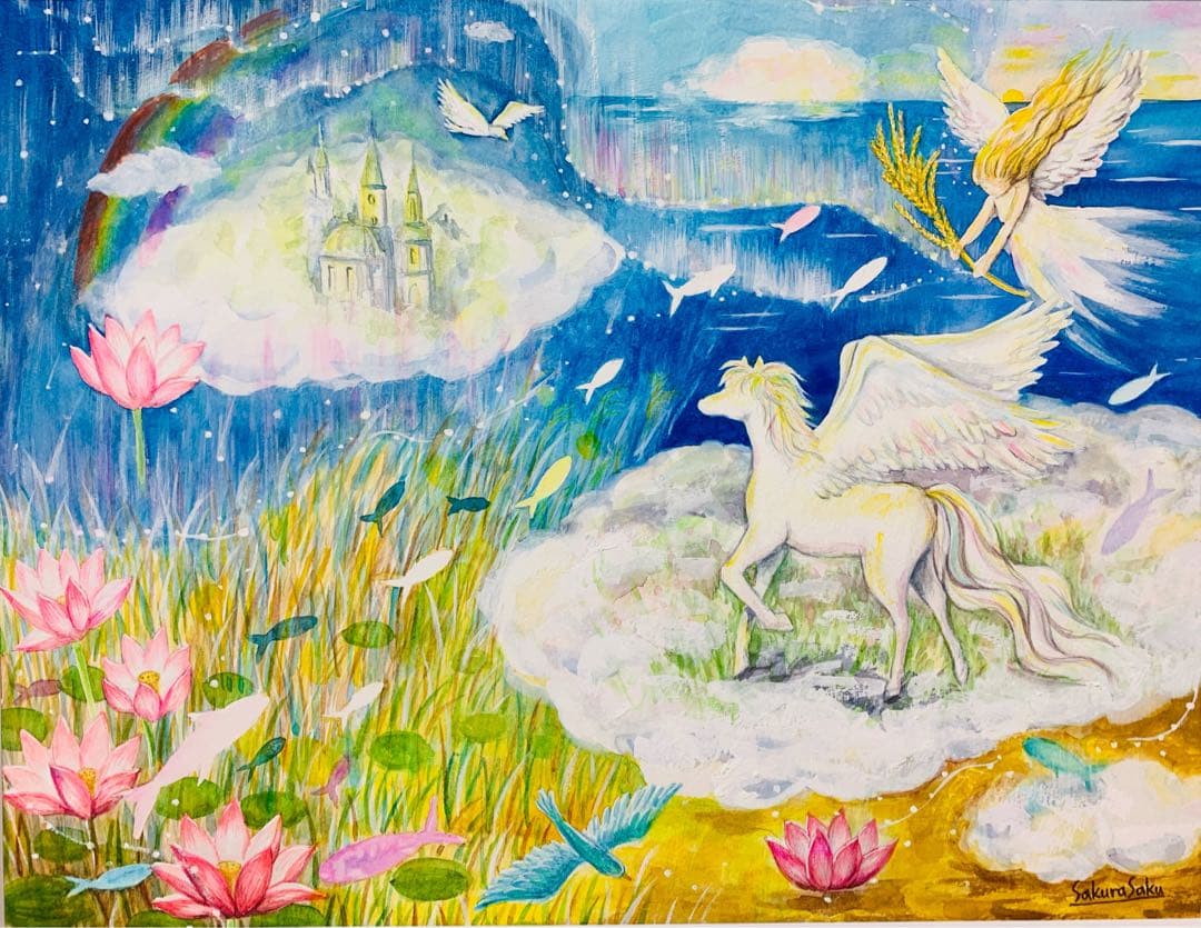 【想いのまま創る、喜びの導き】絵画 ,空,宇宙,ペガサス,天使,angel,精霊