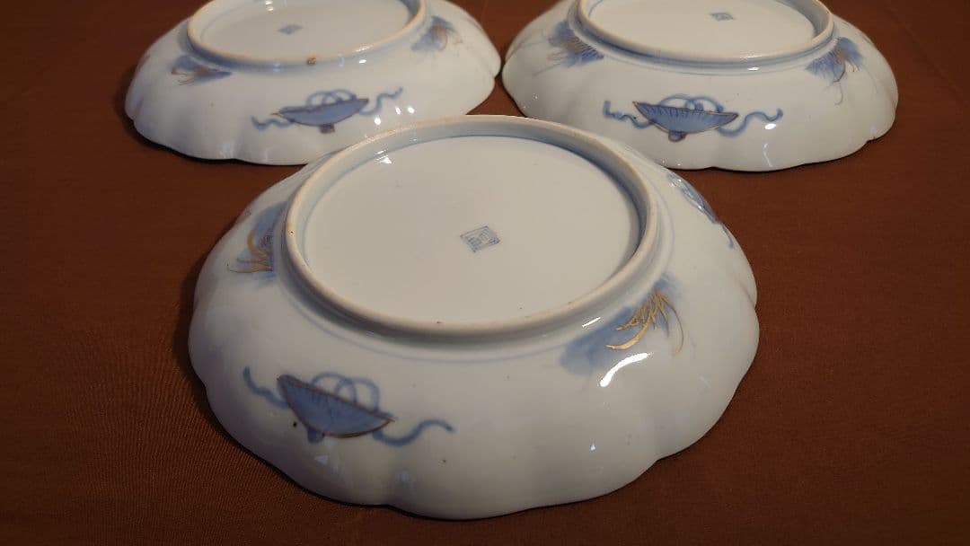 古伊万里　伊万里　色絵　金襴手　中皿　菓子皿　鳥の図　蔵出し　３客