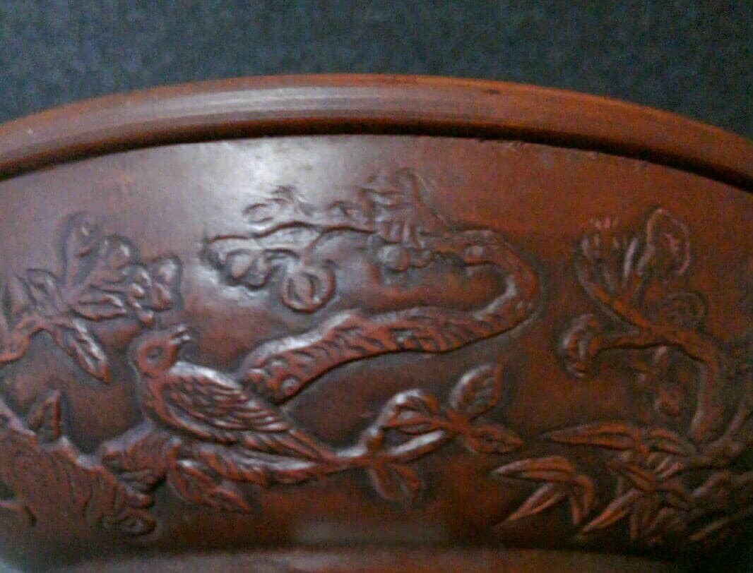 中国古陶磁器　清代　朱泥　漢詩　陽刻　浮彫　山水に花鳥図　鉢　筆洗　秀作