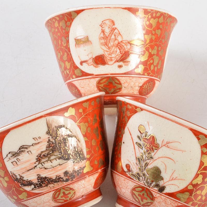 九谷焼　古九谷焼　赤絵金彩　山水人物花文　煎茶碗　五客　時代箱付　F　R5469