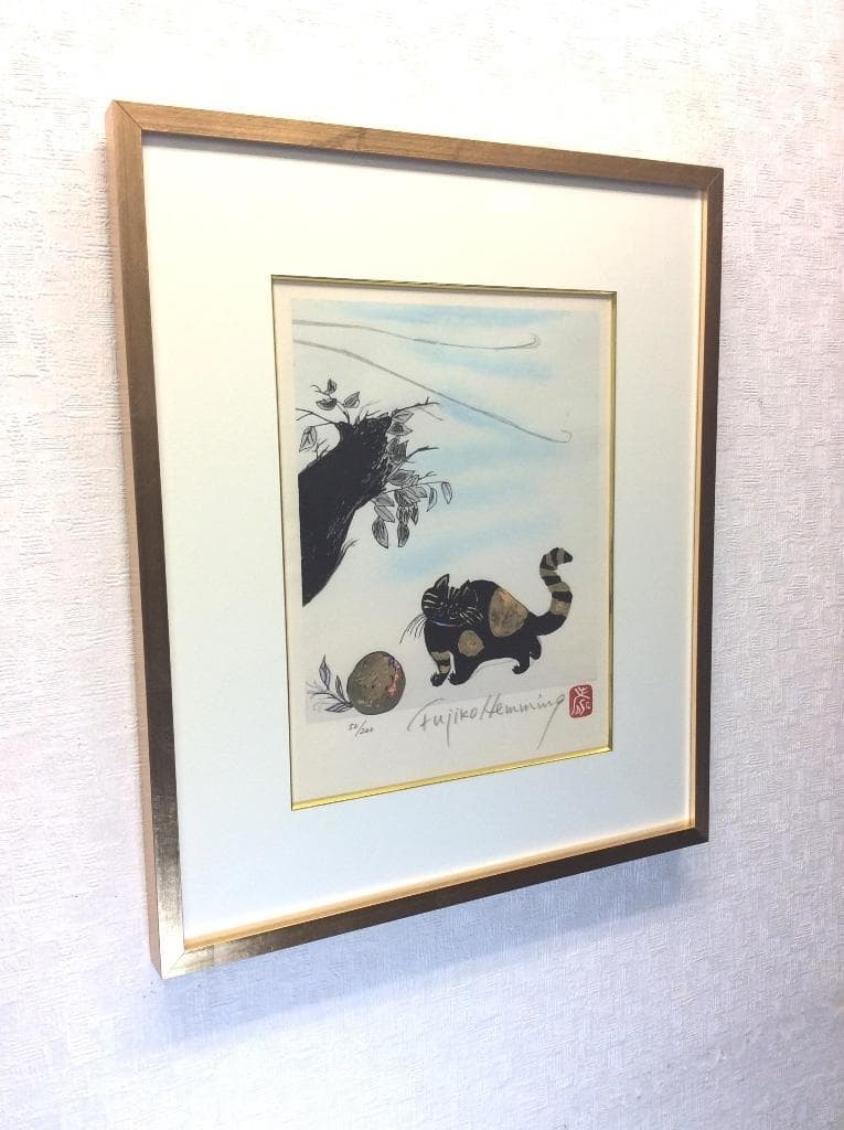 美品 フジ子・ヘミング 「猫十態 ダンゴ君」直筆サイン・限定50/200 木版画