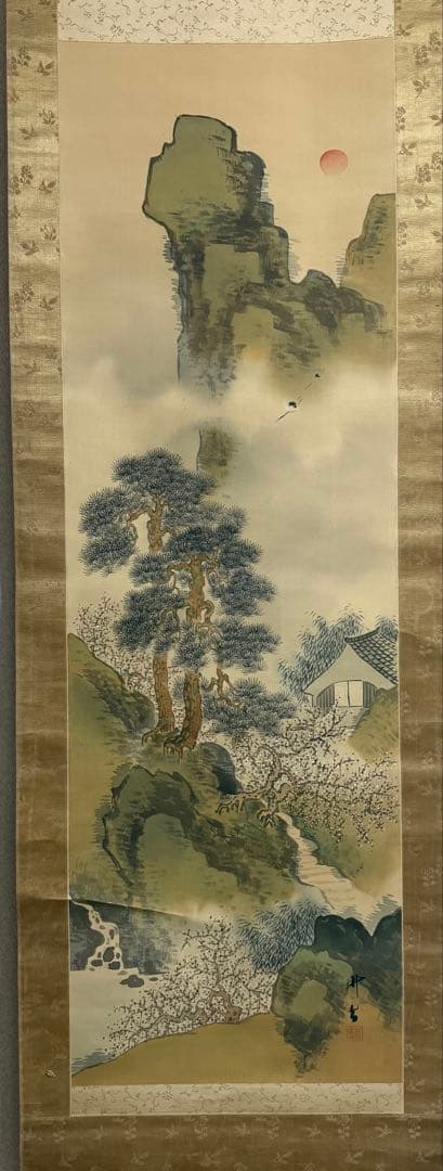 高橋　耕雲筆　蓬莱山水　絹本肉筆　青緑山水　漢画南宗派　共箱　送料込み1023