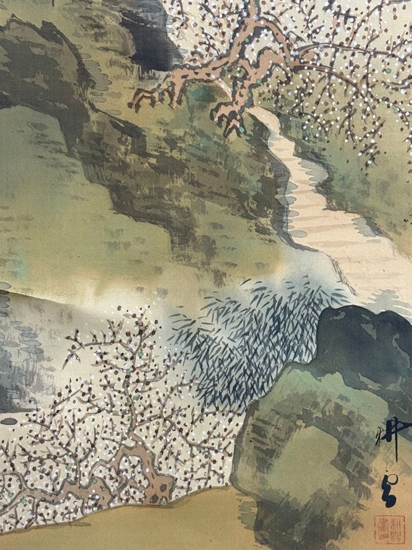 高橋　耕雲筆　蓬莱山水　絹本肉筆　青緑山水　漢画南宗派　共箱　送料込み1023