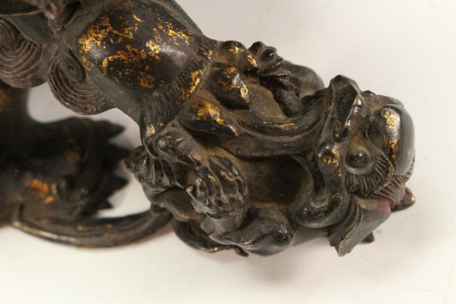 色絵銅 親子獅子 置物 24.5cmx14cm 時代物(K-XA771)