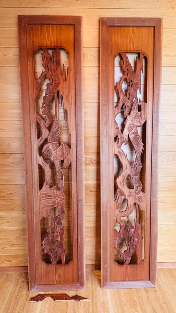 欄間 2枚組 木彫り 松と鷹