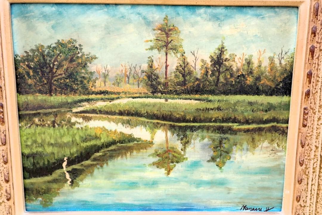 Mariani W サイン入り 油彩 風景画 水辺の森 額装付き ヨーロッパ風景