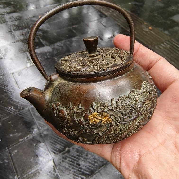 銅器 提梁壺 点金龍鳳徳利 茶壺 茶道具 装飾品 工芸品 美術品 置物