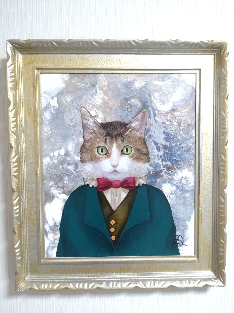 猫の油絵【猫伯爵】1点物の原画/作者サイン入り/F8号キャンバス
