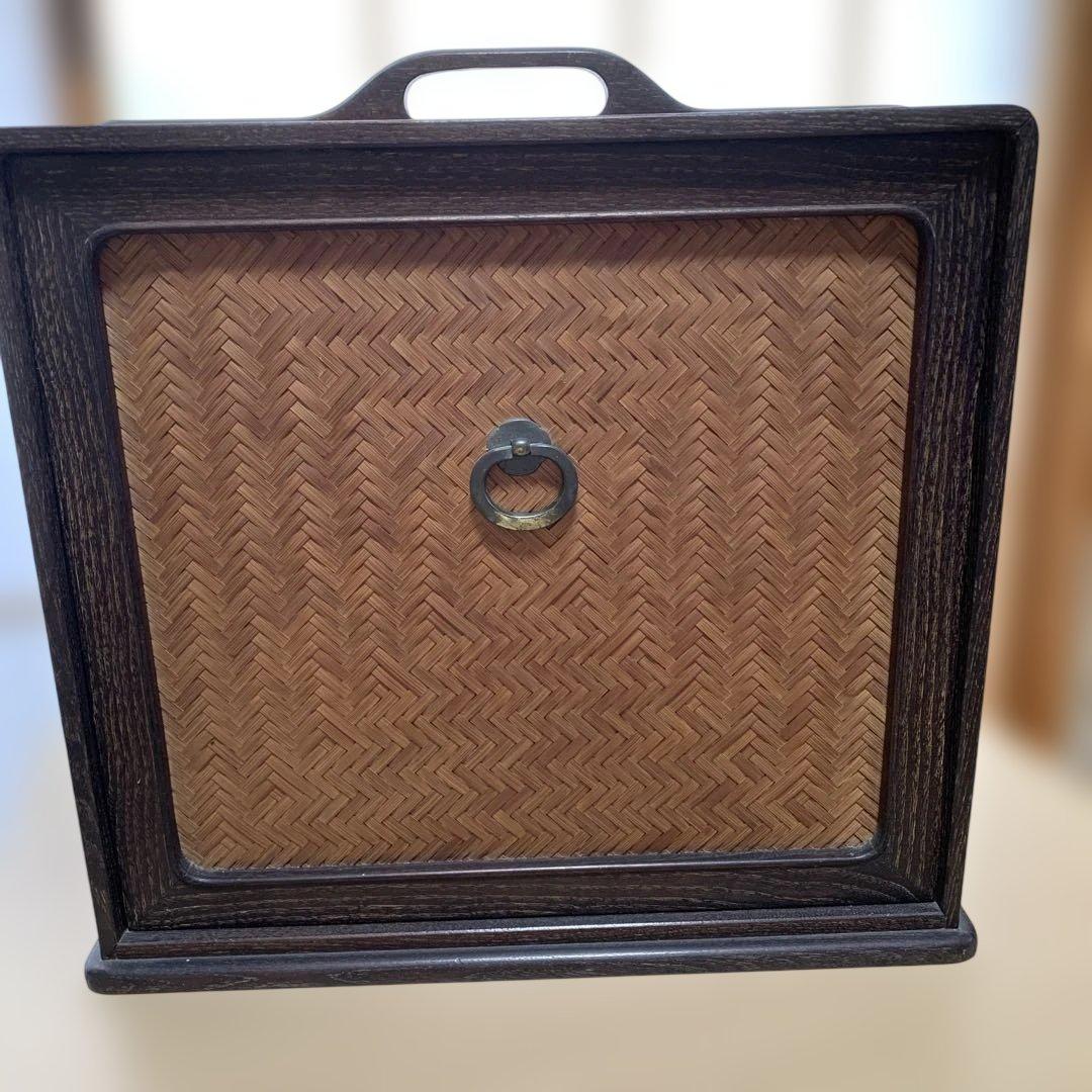茶箱　煎茶道具箱　木製茶箱 2段収納 編み込みデザイン　古美術 持ち運び　野点