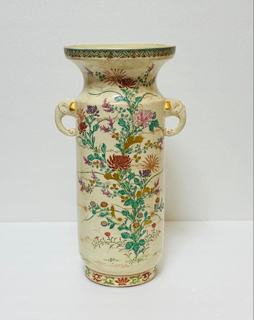 最終価格 明治 薩摩焼 京薩摩 9代帯山与兵衛 上絵金彩色絵草花文象耳付花瓶