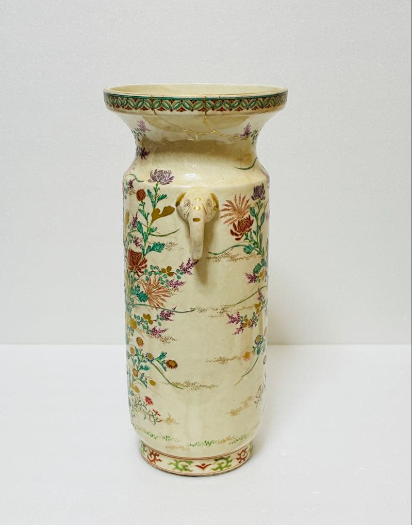 最終価格 明治 薩摩焼 京薩摩 9代帯山与兵衛 上絵金彩色絵草花文象耳付花瓶