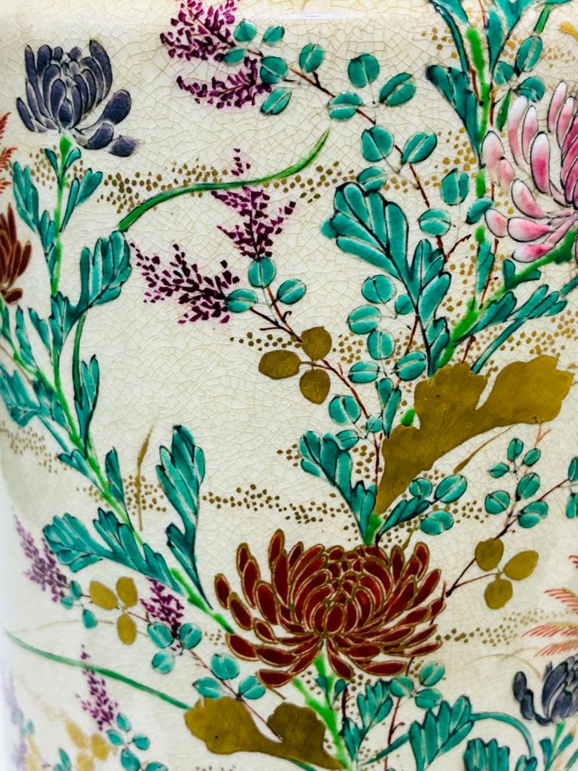 最終価格 明治 薩摩焼 京薩摩 9代帯山与兵衛 上絵金彩色絵草花文象耳付花瓶