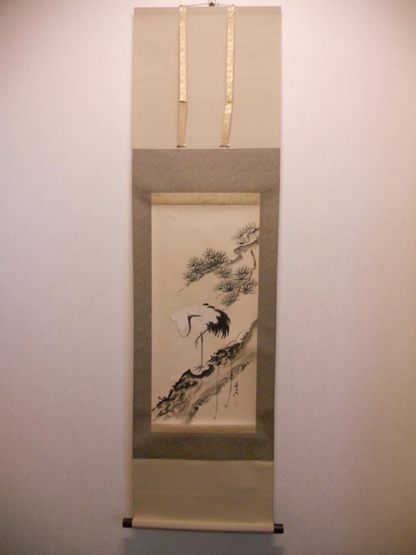 掛け軸 秀崖 松上鶴 紙本 希少 軸装 茶道具 掛軸 美品 です。