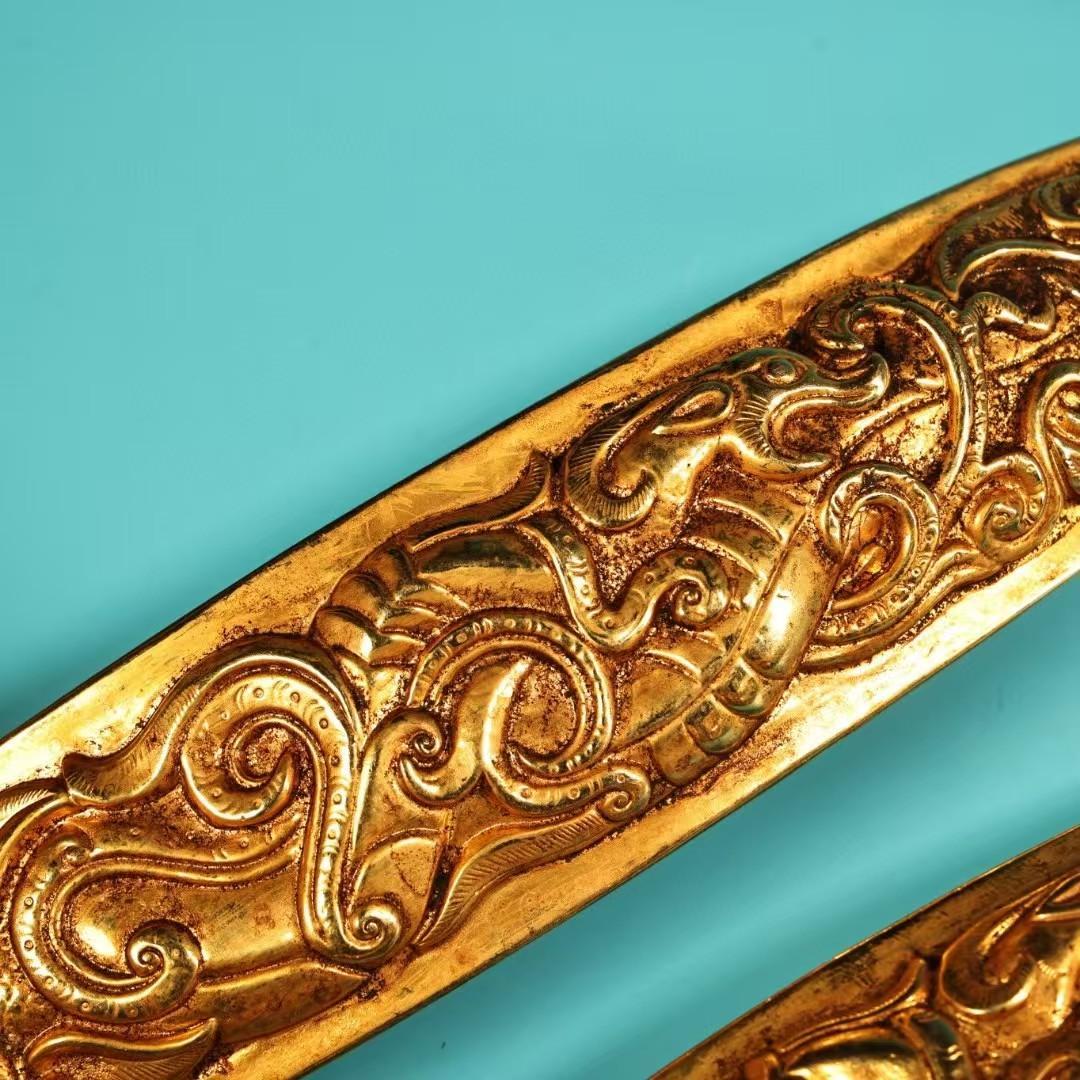 中国古美術・鎏金の龍紋如意腰帯留めセット・純銅细密彫・純手作り・高浮彫り・根付