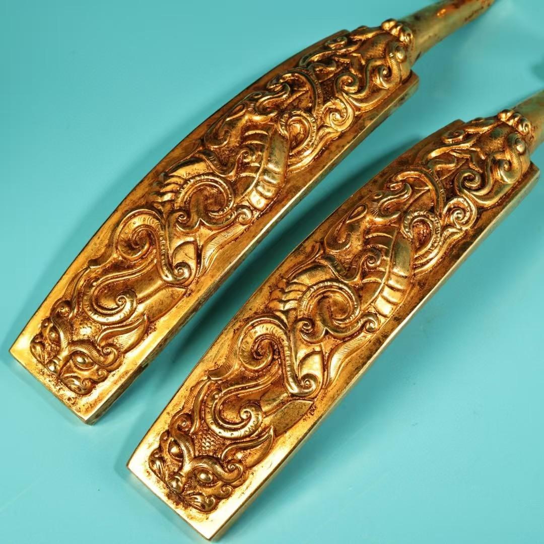 中国古美術・鎏金の龍紋如意腰帯留めセット・純銅细密彫・純手作り・高浮彫り・根付