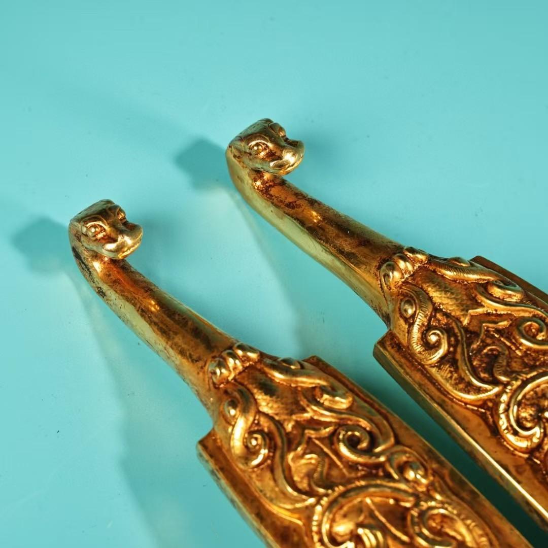 中国古美術・鎏金の龍紋如意腰帯留めセット・純銅细密彫・純手作り・高浮彫り・根付