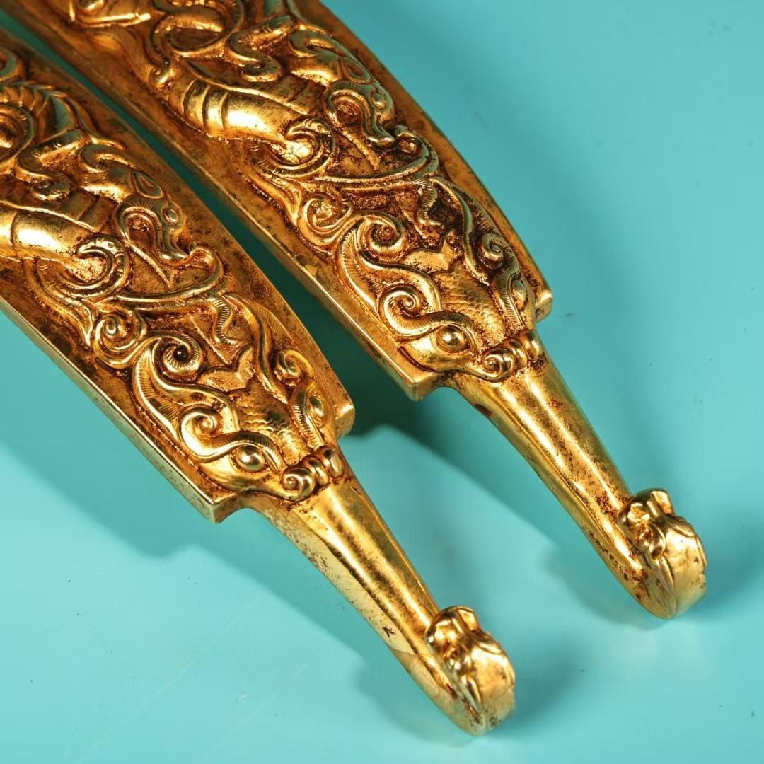 中国古美術・鎏金の龍紋如意腰帯留めセット・純銅细密彫・純手作り・高浮彫り・根付