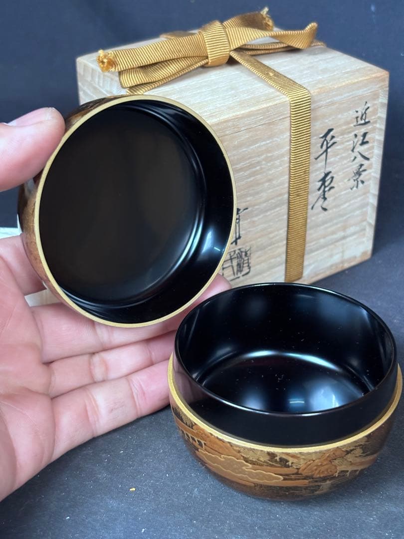 送料無料　近江八景　平棗　金蒔絵　輪島塗　名工　福久清一　在銘　蒔絵　漆器茶道具