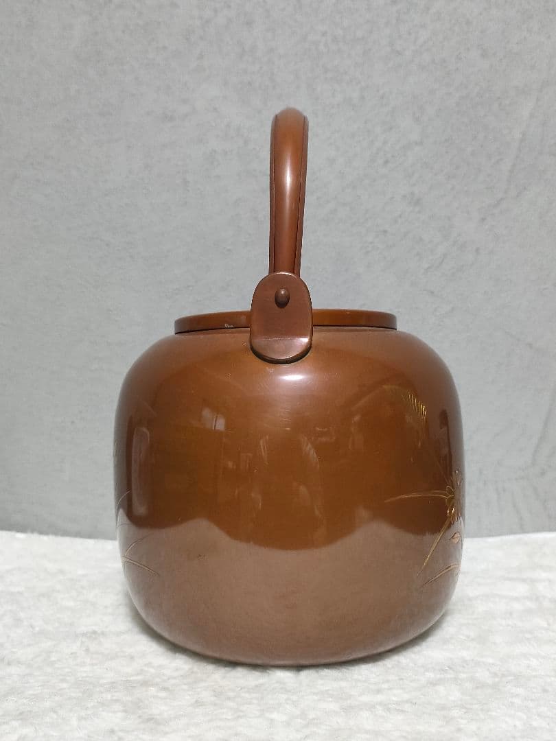 ★【茶道具】銅製金象嵌 秋草に蝶図 水注 薬缶