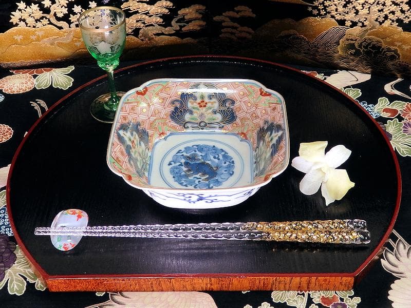 大聖寺古伊万里　菊花四方襷紋に獅子の図　四方角向付　E508AS-CRw