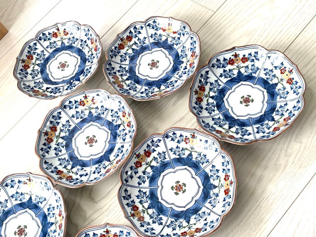 源右衛門 染錦草花文 和菓子皿 是米木窯 10客　染付　共箱