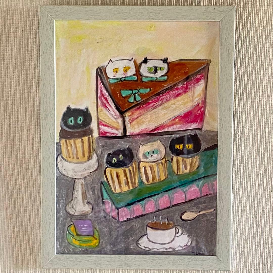 絵画。壁掛け原画【Cute cat cake】0 1