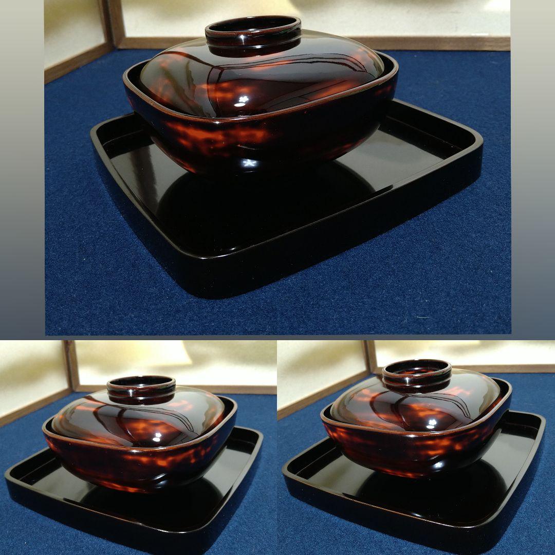 Al1 輪島塗四方椀蓋付敷盆付二客 雲上鶴蒔絵細密蒔絵 煮物椀菓子椀懐石椀