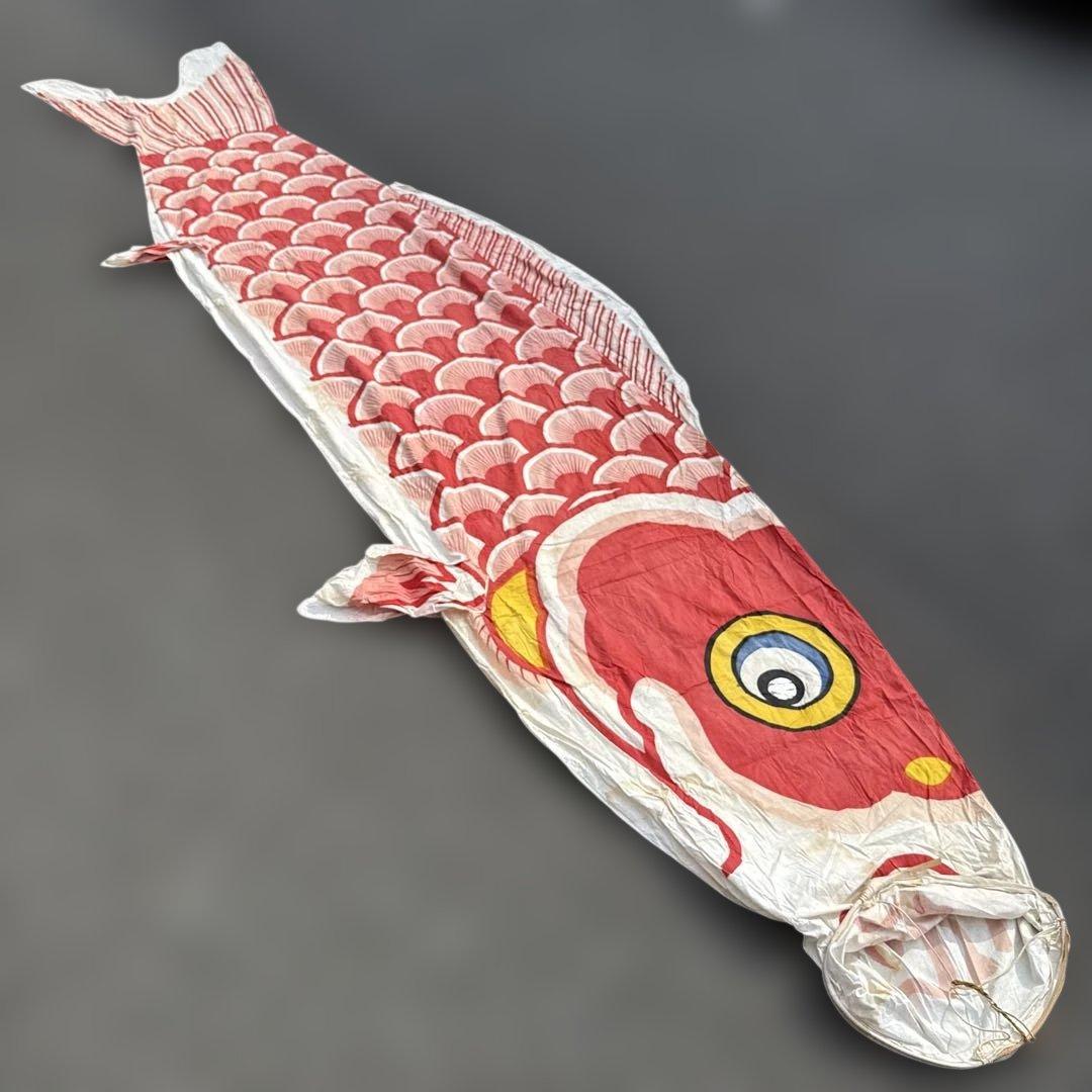 古布 赤い鯉のぼり 木綿 伝統 リメイク 大型 木綿 昭和 彩色 祝旗 幕 布