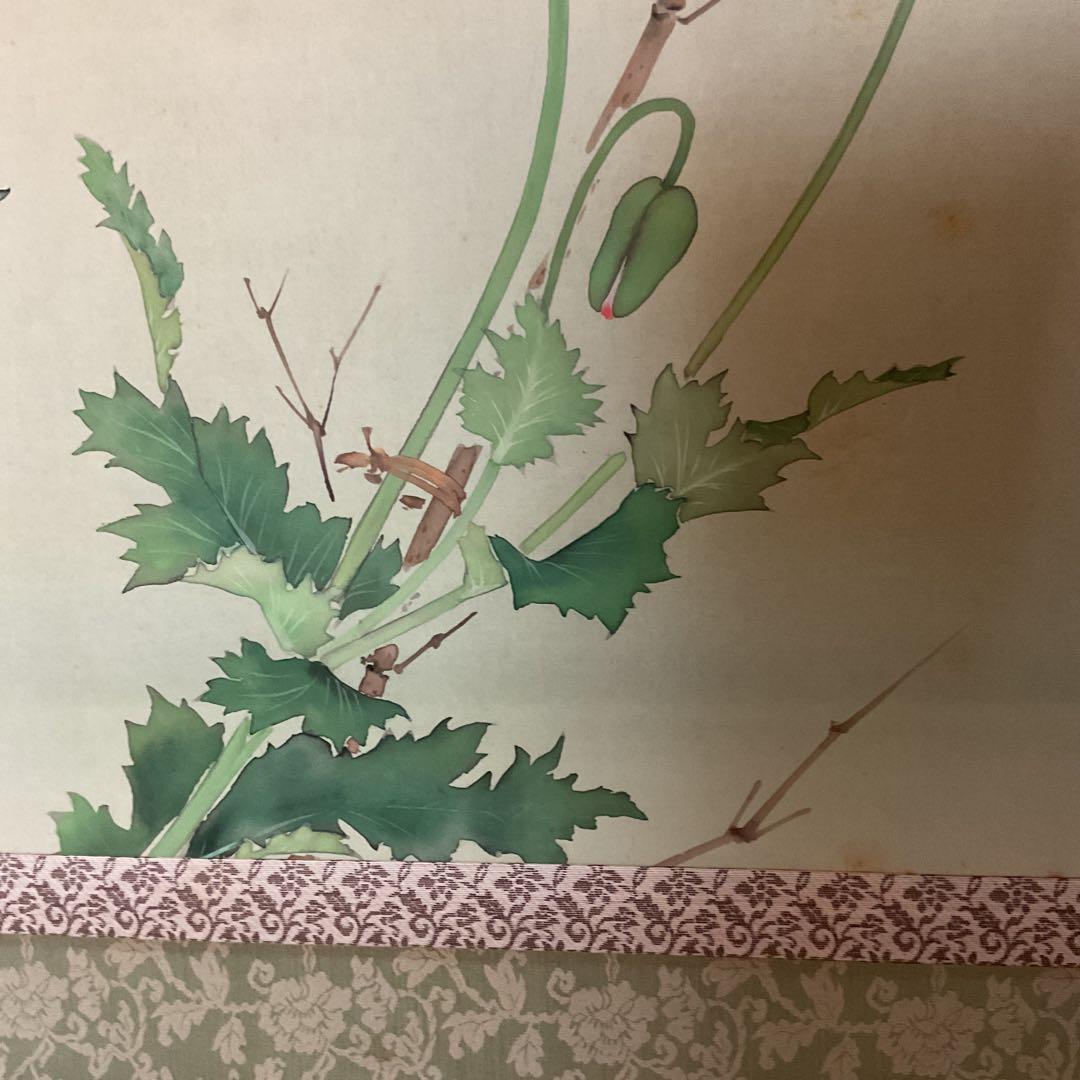 梅 荘 作 絹本 彩色 密画 《 芥子の花図 》 共箱 軸先鹿軸